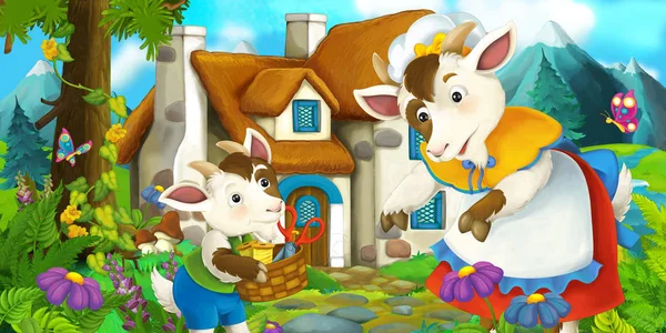 快乐和有趣的传统农场现场与山羊-母亲和儿子-阶段不同用途-儿童插画 — 图库照片