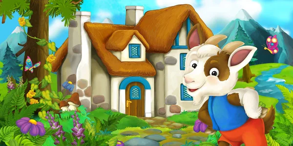 Scena del cartone animato con capra vicino alla casa di villaggio - illustrazione per bambini — Foto Stock
