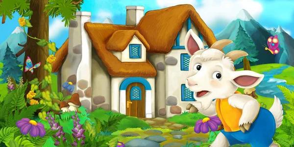 Scène de bande dessinée avec chèvre près de la maison du village - illustration pour enfants — Photo