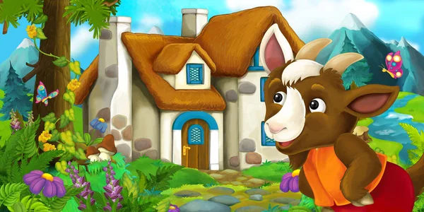 Escena de dibujos animados con cabra cerca de la casa del pueblo - ilustración para niños — Foto de Stock