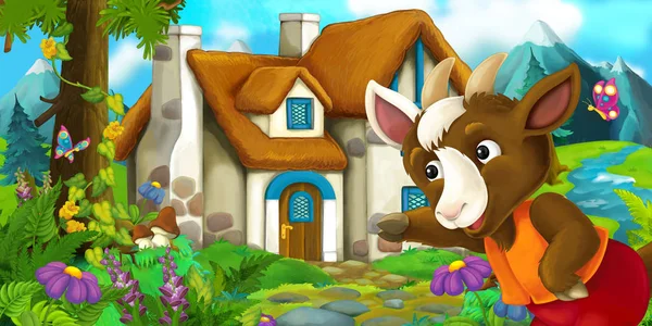 Cartoon scene with goat near village house - illustration for children — Stock Photo, Image