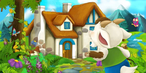 Scène de bande dessinée avec chèvre près de la maison du village - illustration pour enfants — Photo