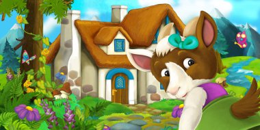 Keçi yakınındaki köy evi - illüstrasyon çocuklar için çizgi film sahne