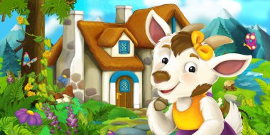 Keçi yakınındaki köy evi - illüstrasyon çocuklar için çizgi film sahne