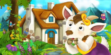 Keçi yakınındaki köy evi - illüstrasyon çocuklar için çizgi film sahne