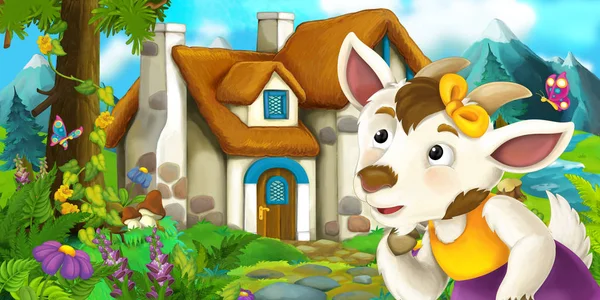 Cena dos desenhos animados com cabra perto da casa da aldeia - ilustração para crianças — Fotografia de Stock