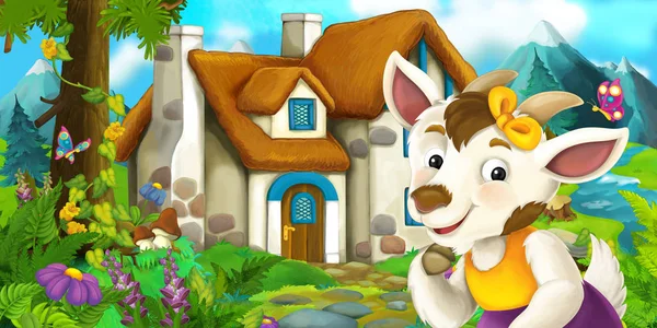 Cartoon scène met geit in de buurt van landhuis - illustratie voor kinderen — Stockfoto