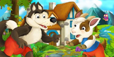 Keçi ve kurt ile karikatür manzara