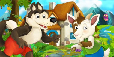 Keçi ve kurt ile karikatür manzara