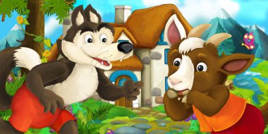 Keçi ve kurt ile karikatür manzara