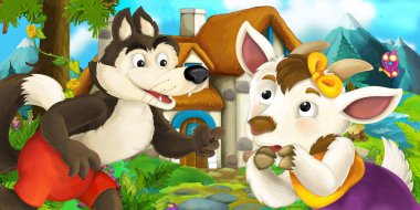 Keçi ve kurt yakınındaki köy evi - illüstrasyon çocuklar için çizgi film sahne