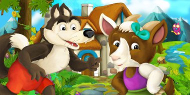 Keçi ve kurt yakınındaki köy evi - illüstrasyon çocuklar için çizgi film sahne