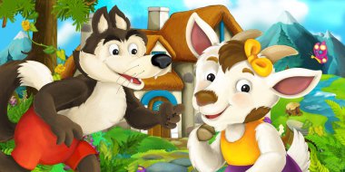 Keçi ve kurt yakınındaki köy evi - illüstrasyon çocuklar için çizgi film sahne