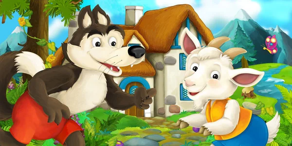 Мультфильм-сцена с козой и волком — стоковое фото