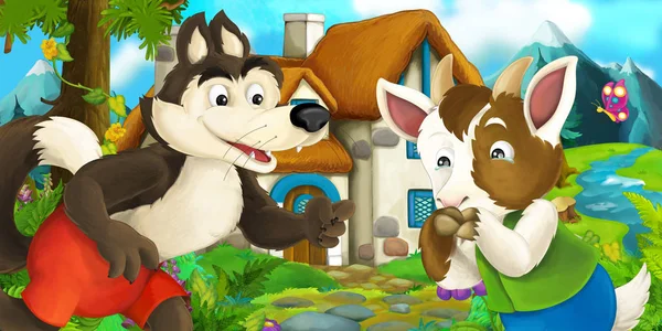 Мультфильм-сцена с козой и волком — стоковое фото