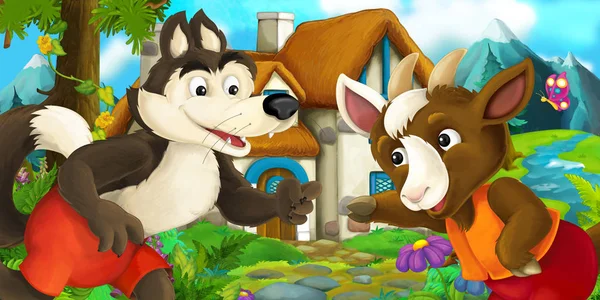 Cena dos desenhos animados com cabra e lobo — Fotografia de Stock