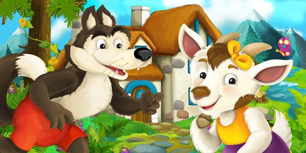 Мультфильм-сцена с козой и волком возле деревенского дома - иллюстрация для детей — стоковое фото