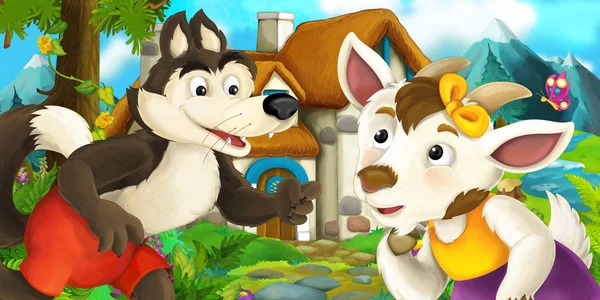 Cena dos desenhos animados com cabra e lobo perto da casa da aldeia - ilustração para crianças — Fotografia de Stock