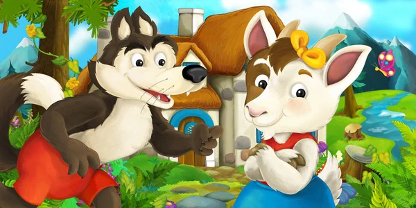 Мультфильм-сцена с козой и волком возле деревенского дома - иллюстрация для детей — стоковое фото