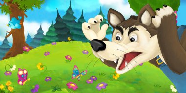 Cartoon scene with wolf on the meadow