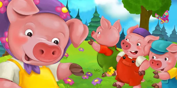 Mother pig and kids outdoors — Stock Photo, Image