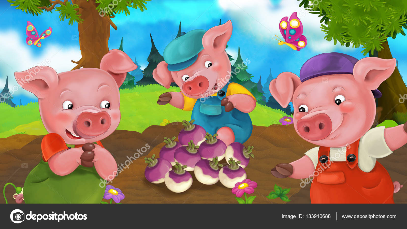 Images cartoon turnips Cheerful pigs looking at turnips — Stock