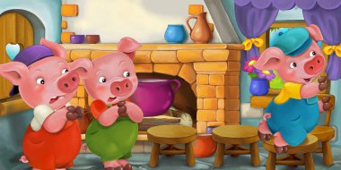 Çizgi film sahnesi mutfakta domuzlarla