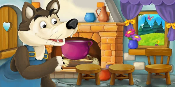 与狼在厨房里-儿童插画卡通场景 — 图库照片