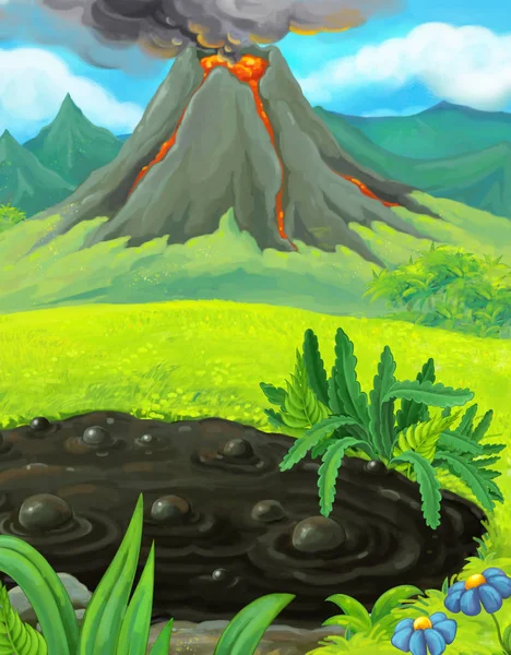 Cena da natureza dos desenhos animados com vulcão ativo - ilustração para crianças — Fotografia de Stock
