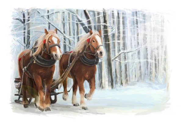 Joulun talvi onnellinen kohtaus runko - kohtaus juoksevilla hevosilla - kuvitus lapsille — kuvapankkivalokuva