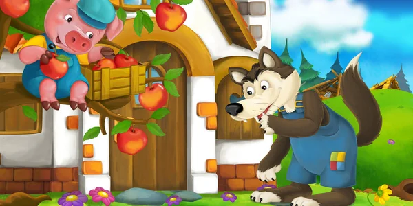 Cartoon scen med varg nära byn hus - gris tittar på honom från trädet - illustration för barn — Stockfoto