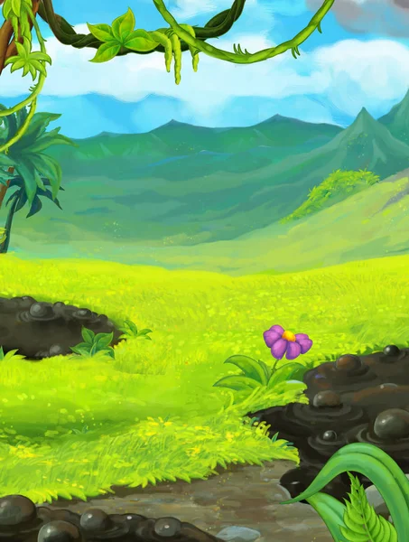Мультфильм о природе с лебедями рядом с джунглями - иллюстрация для детей — стоковое фото