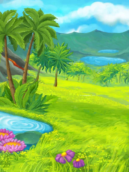Přírodní scéna s rybníka poblíž džungle - ilustrace pro děti kreslené — Stock fotografie