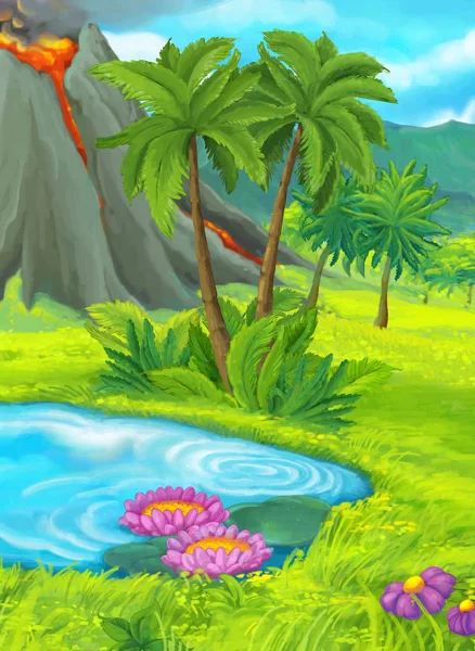Přírodní scéna s rybníka poblíž džungle - aktivní sopka na pozadí - ilustrace pro děti kreslené — Stock fotografie