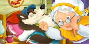 Çizgi film sahne tembel bir kurt kadın bizi izliyor iken - illüstrasyon çocuklar için bir yatakta uyuyor