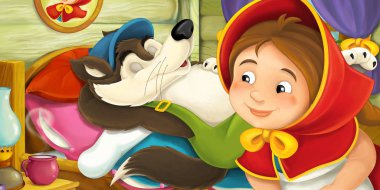 Çizgi film sahne kız bizi izliyor iken - illüstrasyon çocuklar için bir yatakta uyumak tembel kurt