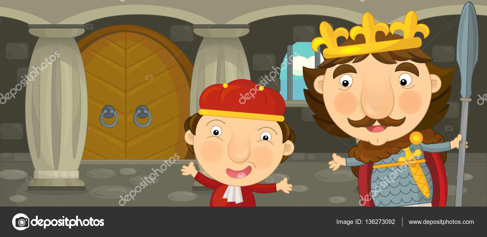 Cavaliere felice e divertente del fumetto o re nella sala castello con suo figlio illustrazione per bambini — Foto di agaes8080