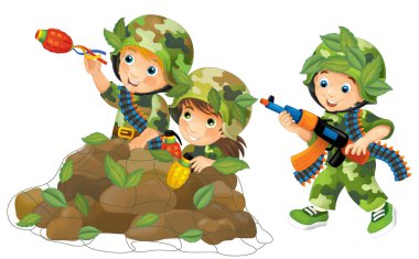 Cartoon scene with kids dressed as soldiers playing and having fun - illustration for children clipart