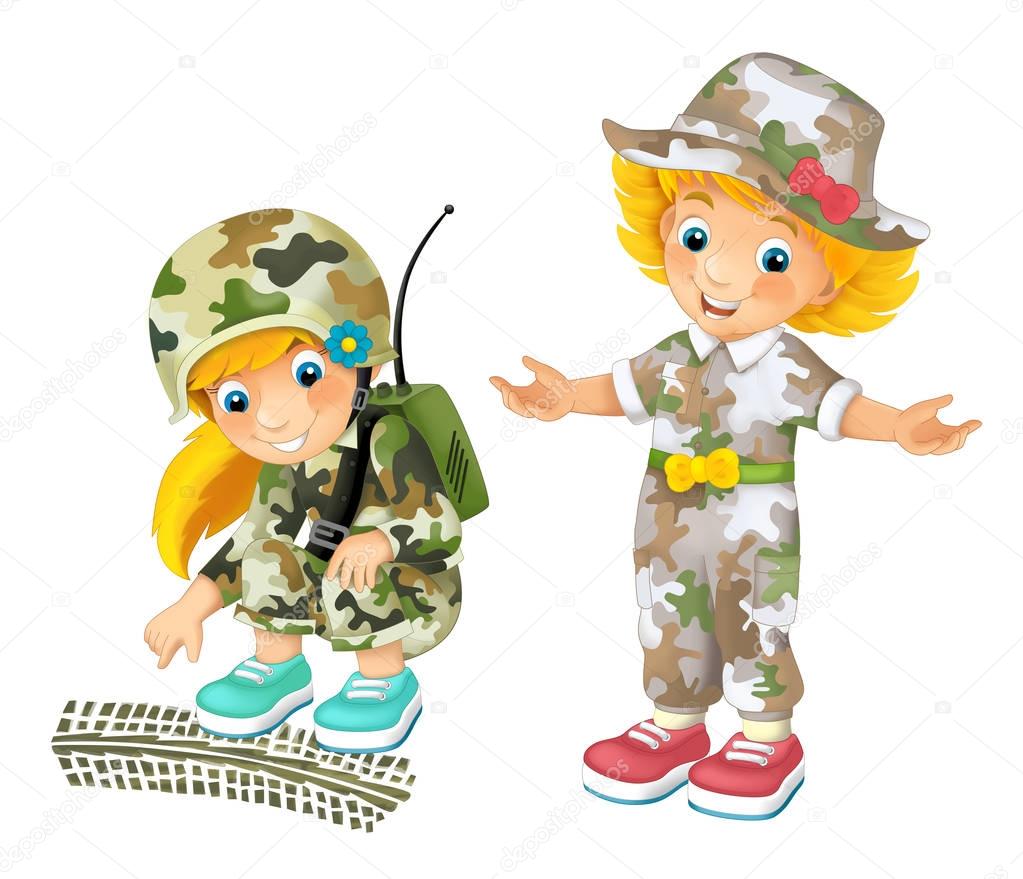 Cartoon scene with kids dressed as soldiers playing and having fun - illustration for children