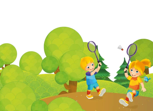 Cartoon scene with kids playing tennis in the park - illustration for children — Stock Photo, Image