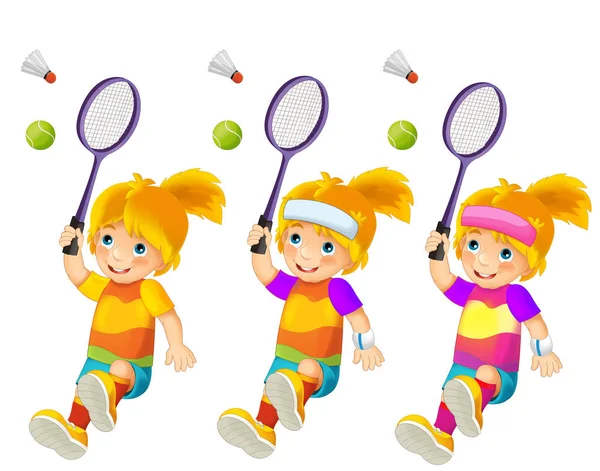 Мультфильм девочек тренировки теннис — стоковое фото