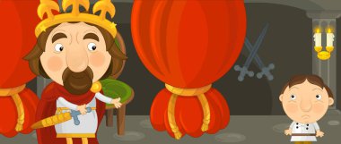 Karikatür mutlu ve komik şövalye veya Kral Kalesi odasında - illüstrasyon çocuklar için