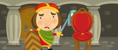 Çizgi film Kral kılıç ve kalkan - farklı kullanım - illüstrasyon çocuklar için için Şato odasında duran