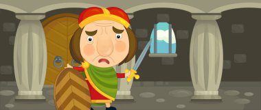 Çizgi film Kral kılıç ve kalkan - farklı kullanım - illüstrasyon çocuklar için için Şato odasında duran