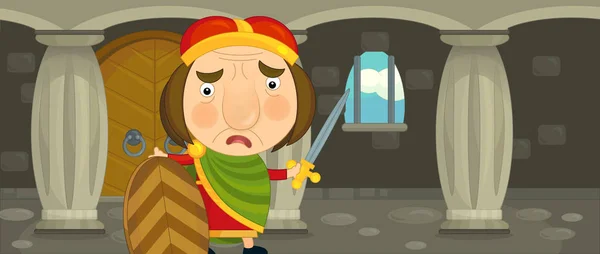Rei dos desenhos animados em pé na câmara do castelo com espada e escudo - para uso diferente - ilustração para crianças — Fotografia de Stock
