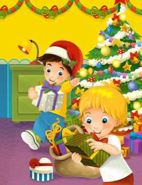 Mutlu Noel sahne alarak kardeşler ile sunar - illüstrasyon çocuklar için