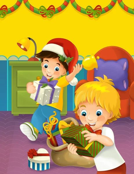 A cena de Natal feliz com irmãos levando presentes - ilustração para crianças — Fotografia de Stock