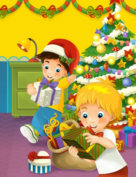 Adegan Natal yang bahagia dengan saudara-saudara mengambil hadiah - ilustrasi untuk anak-anak — Stok Foto