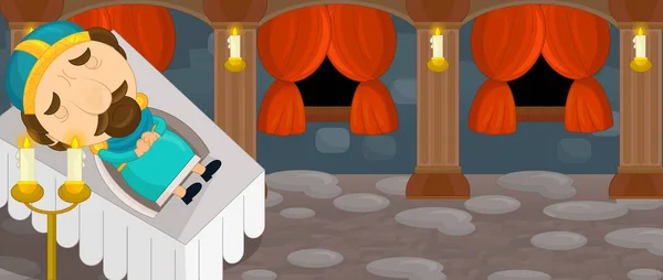 Scène de dessin animé avec chevalier ou roi couché — Photo
