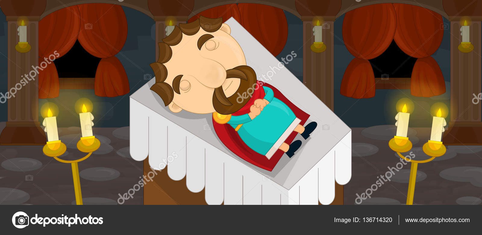 Cena dos desenhos animados com rei na cama do castelo - ilustração para  crianças — Fotografia de stock © agaes8080 #136714320, image size:1600x780